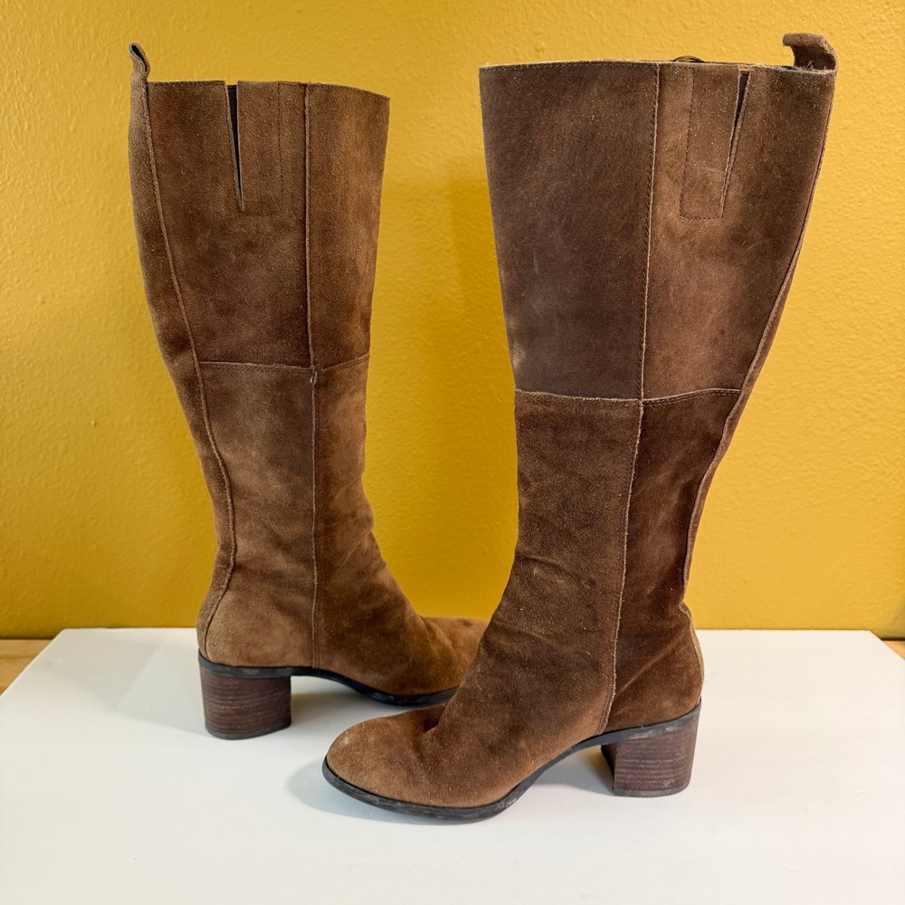 Nine West Brown Suede Knee High Boots 7.5 Boho Riding Tall Block Heel Nwolette - Picture 6 of 10